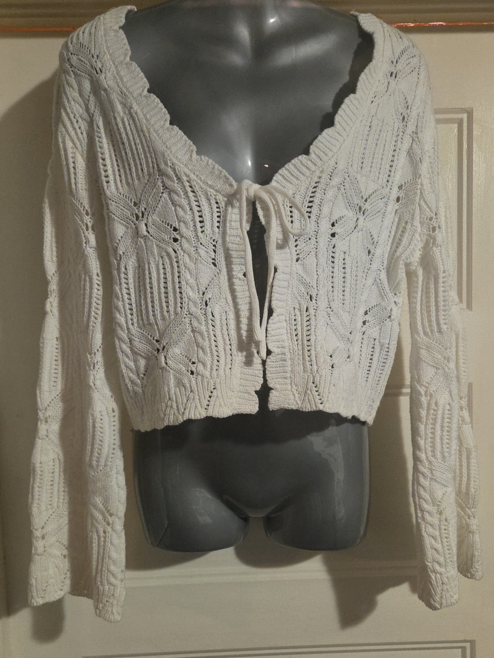 White Crochet Tie-Front Women’s Sweater Cardigan